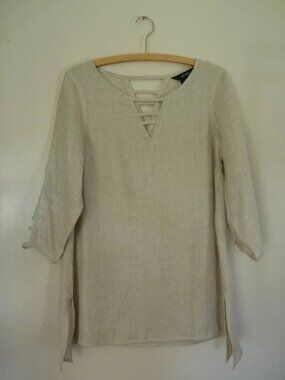ALI MILES burlap linen 3/4 sleeve tunic top w/cut out detail (M)